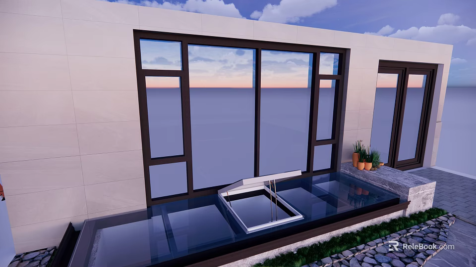 Modern Building Exterior With Glass Windows Black Awning Pebble Ground And Potted Plants 3d model 