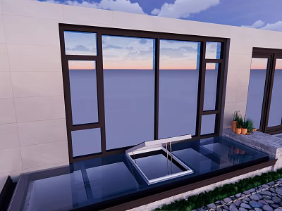 Modern Building Exterior With Glass Windows Black Awning Pebble Ground And Potted Plants 3d model