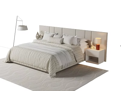 Modern Double Bed with Upholstered Headboard Pillows Bedspread Nightstand Table Lamp and Floor Lamp Rug 3d model