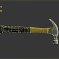 Steel Hammer Weapon with Blue Yellow Handle and Metal Head on Reflective Black Surface