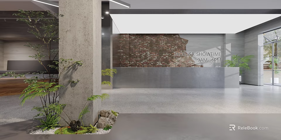 Modern Industrial Style Reception Counter With Exposed Brick Accent And Fresh Indoor Greenery Decoration 3d model 