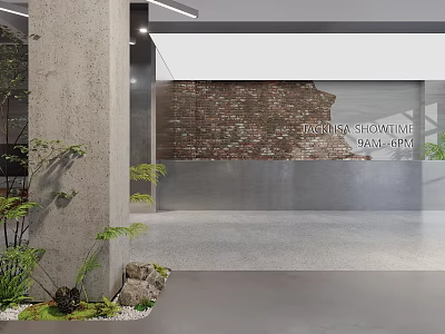 Modern Industrial Style Reception Counter With Exposed Brick Accent And Fresh Indoor Greenery Decoration 3d model