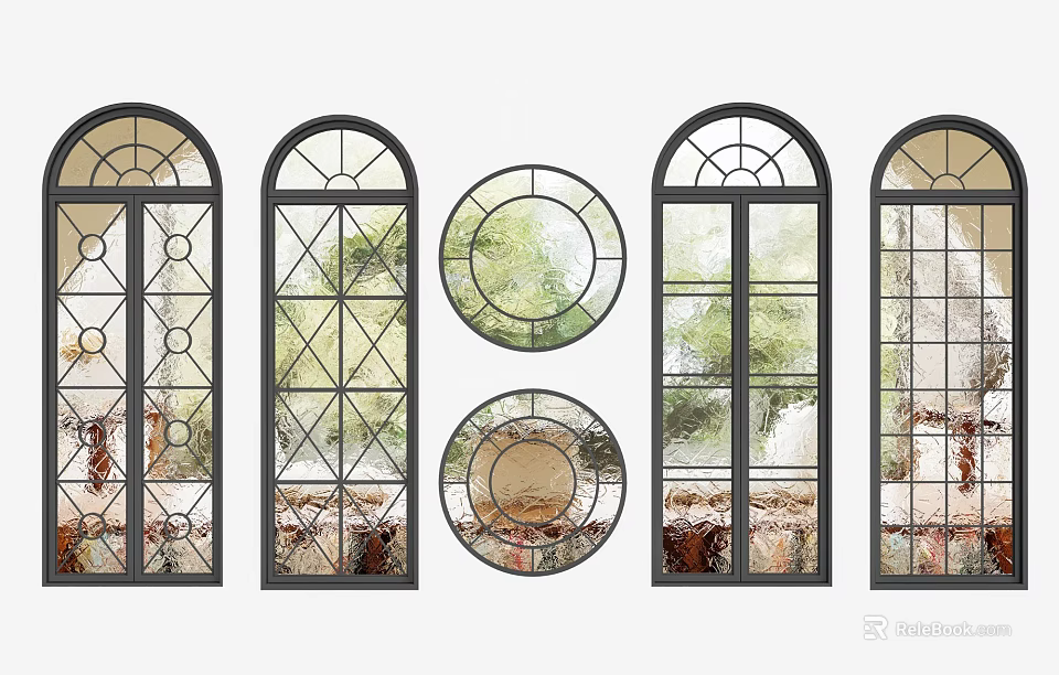 Stylish French Windows With Diverse Shapes And Decorative Glass 3d model 