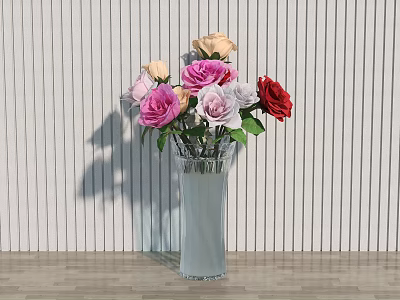 Decorative Ornament Set With Glass Vase And Colorful Roses On Wooden Floor Striped Wall Background 3d model