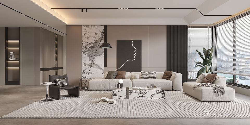 Modern Living Room Interior With Beige Sofa Cushions Marble Coffee Table Floor Lamp And Decorative Painting 3d model 