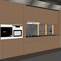 Modern Kitchen Wooden Cabinets With Built-in Appliances Black Countertop Range Hood And Open Shelving