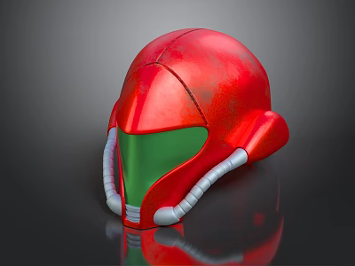 Red Metallic Helmet With Green Visor And Sleek Silver Accents 3d model