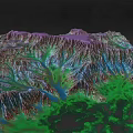 3D Terrain Model Showing Purple Mountain Peaks Valleys Rivers And Green Vegetation Areas