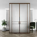 Modern Interior Design Glass Double Doors With Golden Frame Green Chairs And Plants