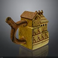 House Shaped Ceramic Sculpture With Yellow Body Red Roof Curved Spout And Decorative Patterns