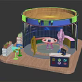 Modern Circular Exhibition Booth With Blue Design Wooden Flooring Green Plants And Display Area