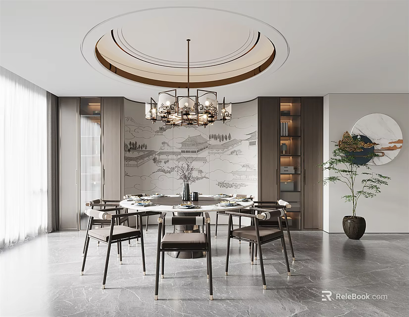 Modern Restaurant Interior with Chandelier Dining Table Chairs Gray Floor and Wall Artwork 3d model 