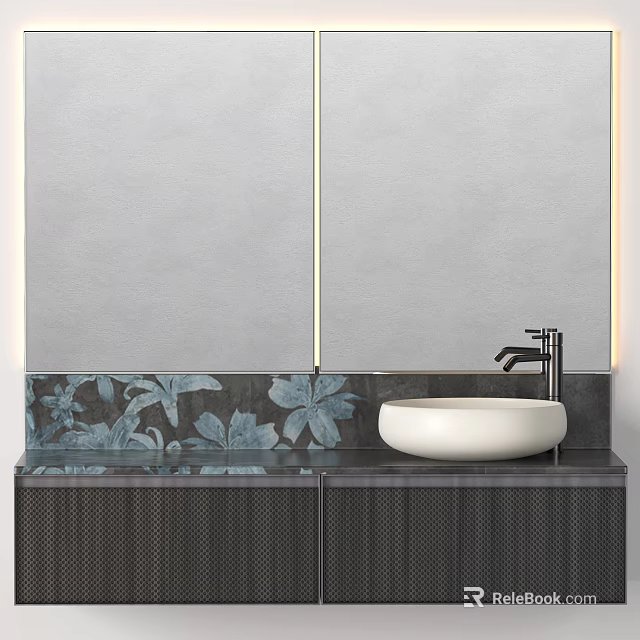 Modern Bathroom Vanity With Double Mirrors Floral Pattern Tiles And White Basin Faucet 3d model 