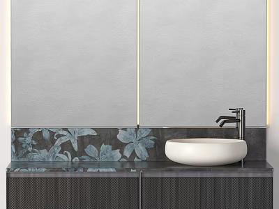 Modern Bathroom Vanity With Double Mirrors Floral Pattern Tiles And White Basin Faucet 3d model