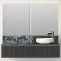 Modern Bathroom Vanity With Double Mirrors Floral Pattern Tiles And White Basin Faucet