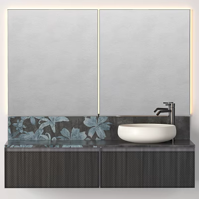 Modern Bathroom Vanity With Double Mirrors Floral Pattern Tiles And White Basin Faucet 3d model