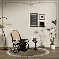 Stylish Leisure Chair With Wicker Design Floor Lamp Small Table Potted Plant And Wall Frames