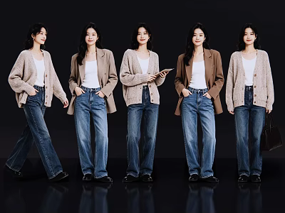 Group of Five Women Wearing Stylish Cardigans And Jeans Against Black Background 3d model