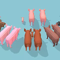 Low Poly Style Pigs In Various Sizes And Colors Standing On Light Blue Background
