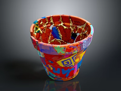 Colorful Flower Pot Decorative Design With Vibrant Red Blue Yellow Patterns 3d model