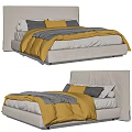 Modern Double Bed With Upholstered Headboard Yellow Gray Bedding And Pillows 3d model