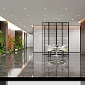 Modern Elegant Office Corridor Interior With Marble Flooring Green Plants And Lattice Partition