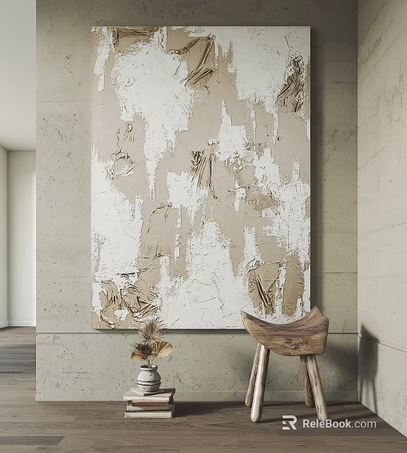 Abstract Textured Painting On Concrete Wall With Wooden Stool And Dried Flowers Decor 3d model 