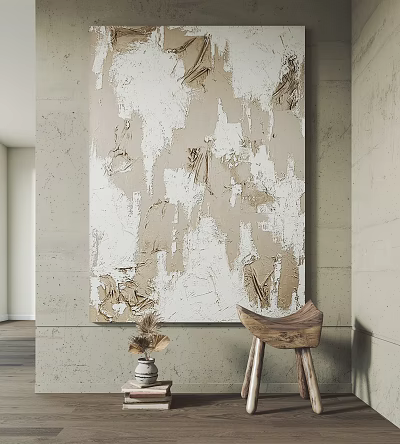 Abstract Textured Painting On Concrete Wall With Wooden Stool And Dried Flowers Decor 3d model