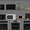 Modern Kitchen Shelves Displaying Various Appliances Like Microwaves Blenders Toasters And Ovens