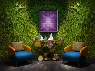 Console Table With Green Plant Wall Purple Illuminated Painting Decorative Ornaments And Blue Accent Chairs 3d model