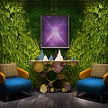 Console Table With Green Plant Wall Purple Illuminated Painting Decorative Ornaments And Blue Accent Chairs