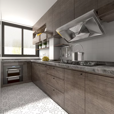 Modern Kitchen Interior With Dark Cabinets Marble Countertop Range Hood And Tile Backsplash 3d model