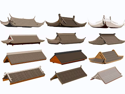 Ancient Architecture Various Traditional Roof Designs With Tile Patterns And Eave Structures 3d model