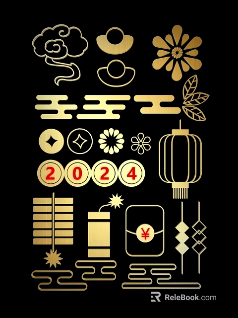 Traditional Chinese New Year Golden Wall Decor Featuring 2024 Lantern Flower Cloud and Firecracker Designs 3d model 