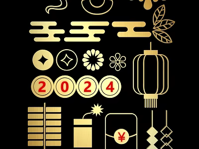 Traditional Chinese New Year Golden Wall Decor Featuring 2024 Lantern Flower Cloud and Firecracker Designs 3d model