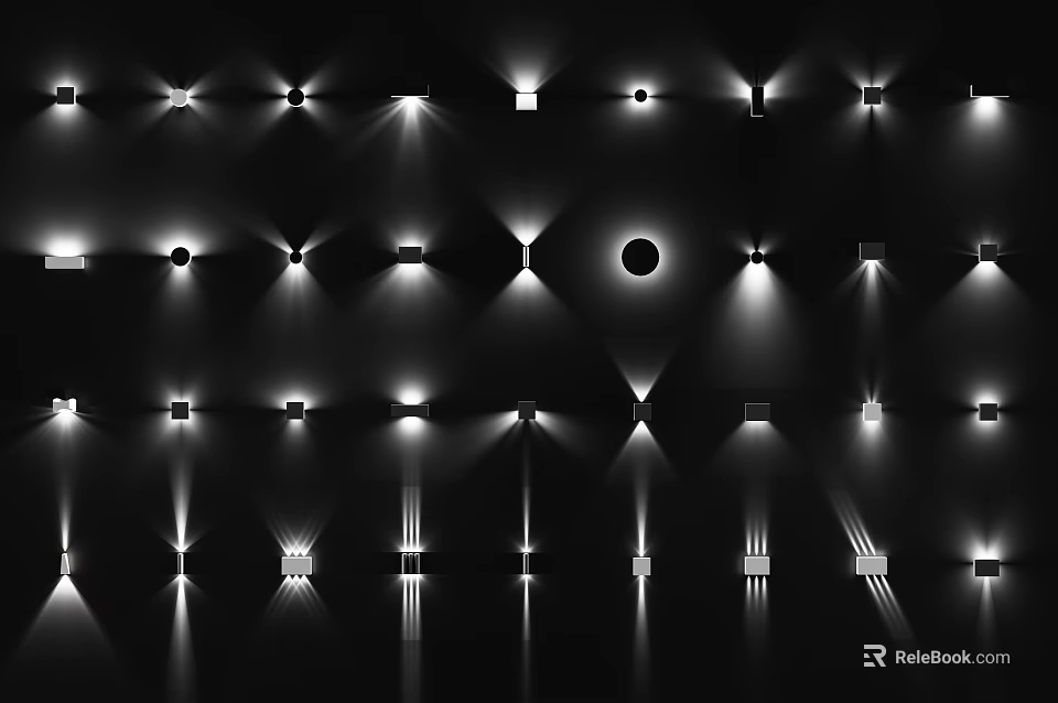 Illuminated Wall Lamps With Various Styles And Projected Light Effects On Black Background 3d model 