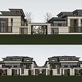 Semi Detached Villa Modern Architecture With Symmetrical Facade Large Windows And Stone Walls