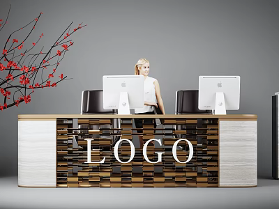 Modern Reception Desk With LOGO Apple Computers Woman Staff And Red Flower Branches 3d model