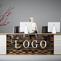 Modern Reception Desk With LOGO Apple Computers Woman Staff And Red Flower Branches