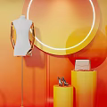 Fashion Clothing Store Window Display With White Mannequins Circular Light Rings And Potted Plant