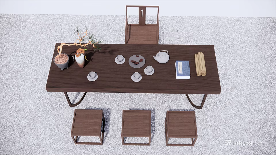 Traditional Wooden Tea Table with Chairs Stools Tea Sets Vase and Books 3d model 