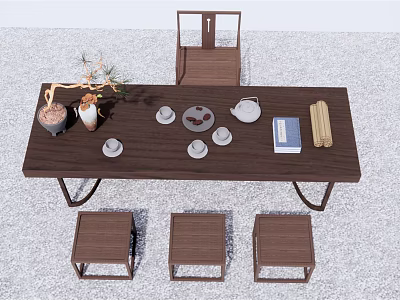 Traditional Wooden Tea Table with Chairs Stools Tea Sets Vase and Books 3d model