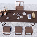 Traditional Wooden Tea Table with Chairs Stools Tea Sets Vase and Books