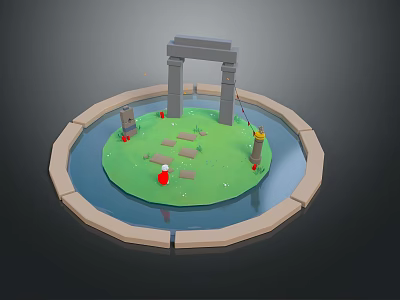 Cartoon Scene Featuring Round Island Green Grass Blue Water Gray Archway Stone Path Red Decorations 3d model