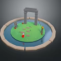 Cartoon Scene Featuring Round Island Green Grass Blue Water Gray Archway Stone Path Red Decorations