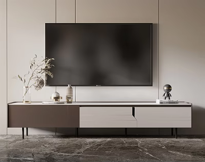 Modern TV Stand in Brown White Design with TV and Decorative Vase on Marble Floor 3d model