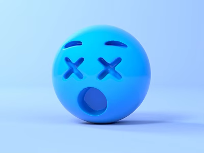 Blue Spherical Game Movie Character With X Shaped Eyes Open Mouth And Light Blue Background 3d model
