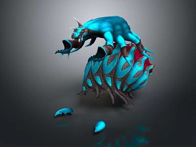 Blue Horned Mythical Animal Standing On Textured Glowing Structure With Small Blue Fragments Around 3d model