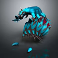 Blue Horned Mythical Animal Standing On Textured Glowing Structure With Small Blue Fragments Around