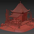 Cartoon Chinese Pavilion Scene With Green Roof Red Railings Bamboo Lanterns And Stream Stones